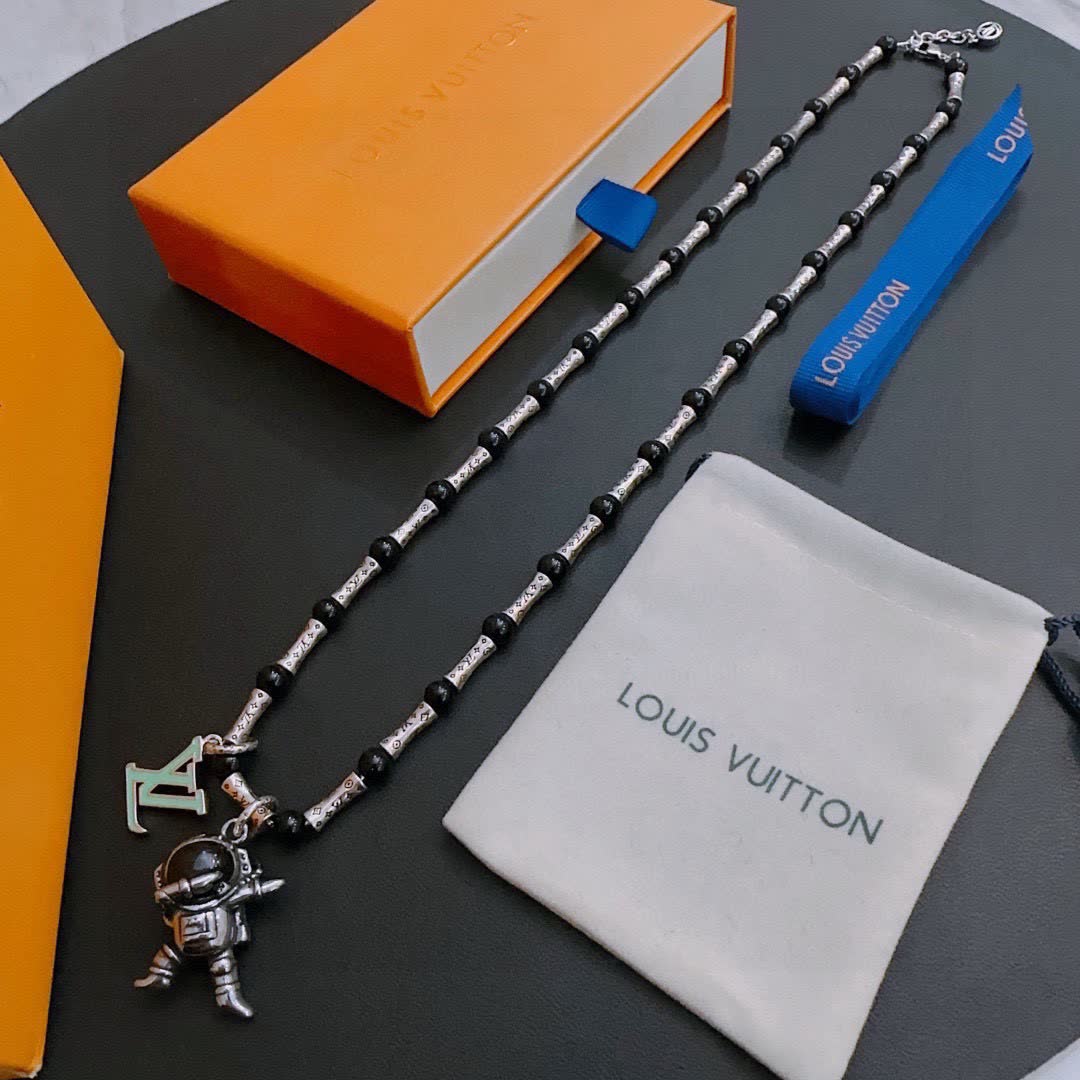Louis Vuitton Silver and Black Beaded Necklace with Astronaut Charm